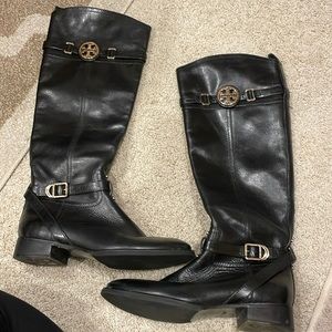 Black and gold Tory Burch tall leather boots